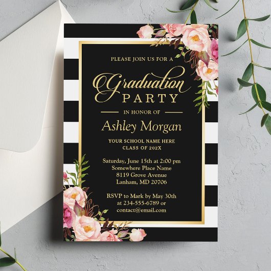 Invitation Élégant Floral Or Black White Stripes Graduation