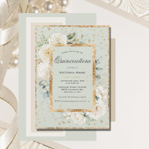 Invitation Élégant floral or sauge moderne Quinceañera