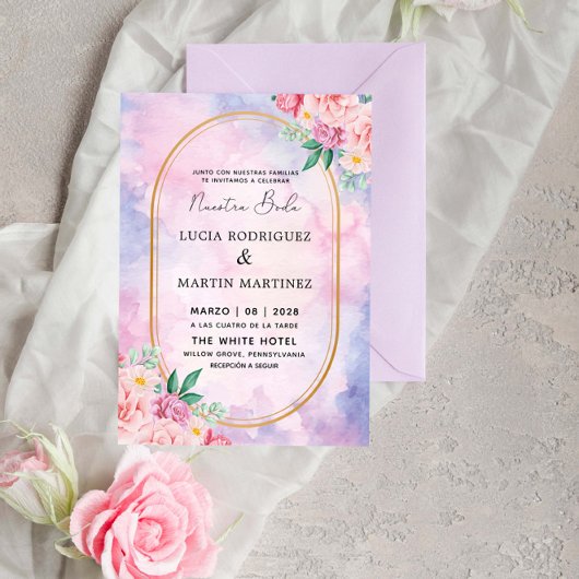 Invitation Élégant floral or violet aquarelle Nuestra Boda