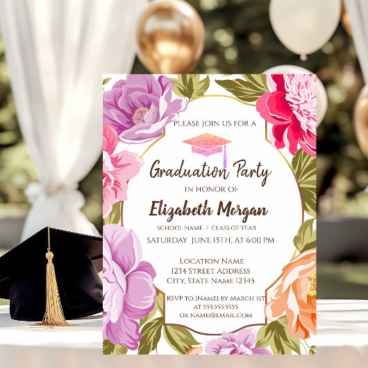 Invitation Élégant floral, Parties scintillant de diplôme Cap
