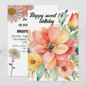 Invitation Élégant Floral & Parties scintillant Sweet 16e ann (Devant / Derrière)