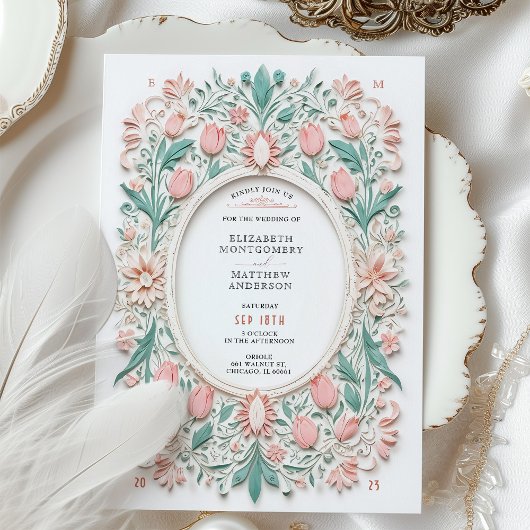 Invitation Élégant Floral Pastel Faux Papercut Mariage