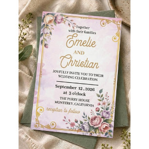 Invitation Élégant floral pastel rose lavande or floral