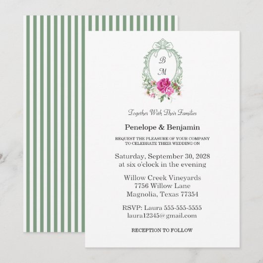 Invitation Elegant Floral Pink Peony Monogram Wedding (Devant / Derrière)