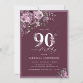Invitation Élégant Floral pourpre foncé 90e anniversaire (Devant)