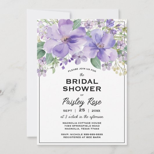 Invitation Elegant Floral Purple Bridal Shower (Devant)
