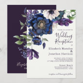 Invitation Elégant Floral Purple Marine Réception de mariage (Devant / Derrière)