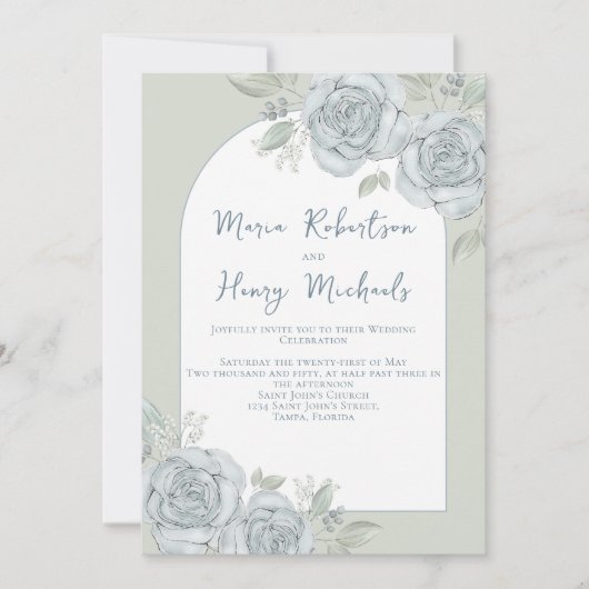 Invitation Elégant Floral QR Code Vert Bleu Vert Vert (Devant)