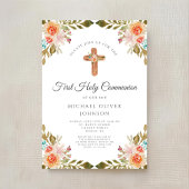 Invitation Elégant Floral Religieux Croix Première Communion