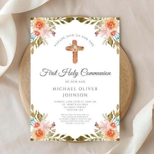Invitation Elégant Floral Religieux Croix Première Communion