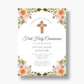 Invitation Elégant Floral Religieux Croix Première Communion