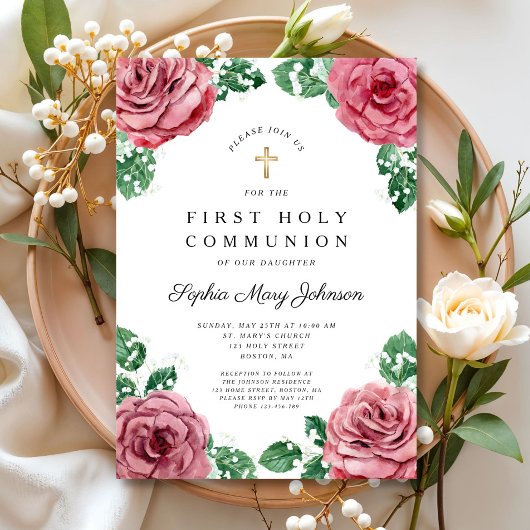 Invitation Élégant Floral Religieux Fille Première Communion