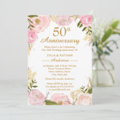 Invitation Élégant floral rose 50e anniversaire de mariage (Debout devant)
