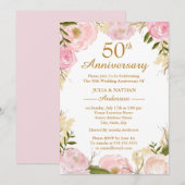 Invitation Élégant floral rose 50e anniversaire de mariage (Devant / Derrière)