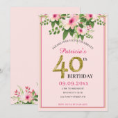 Invitation Elégant Floral Rose and Gold 40e anniversaire (Devant / Derrière)