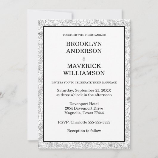 Invitation Elegant Floral Rose Black White Wedding (Devant)