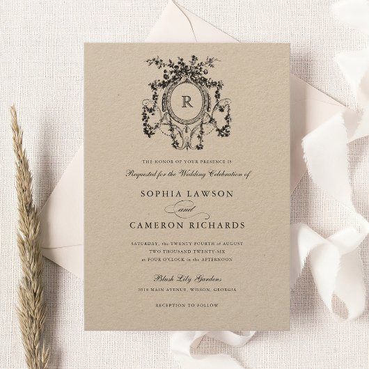 Invitation Elégant Floral Rose Crest Vintage Mariage