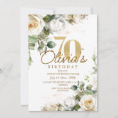 Invitation Elégant Floral Roses Blanches & Or 70e anniversair (Devant)
