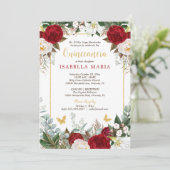 Invitation Élégant floral rouge moderne avec photo Quinceañer (Debout devant)