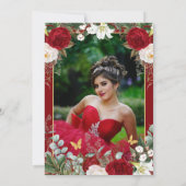 Invitation Élégant floral rouge moderne avec photo Quinceañer (Dos)