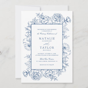 Invitation Élégant Floral Royal Blue Roses  cadre Mariage