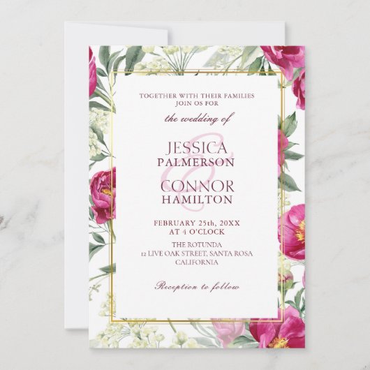 Invitation Élégant Floral Rustique Bourgogne Mariage rose (Devant)