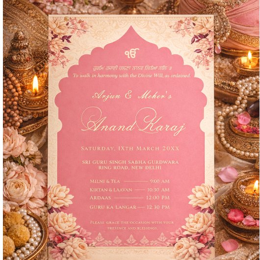 Invitation Élégant floral Sikh Anand Karaj