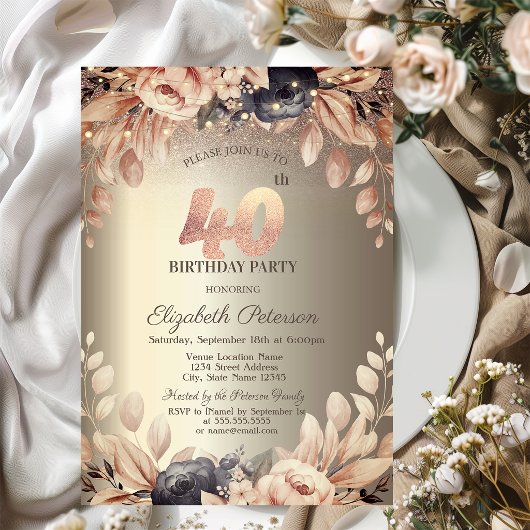 Invitation Élégant Floral, String Lights 40e anniversaire