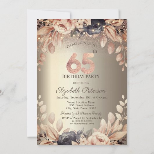 Invitation Élégant Floral, String Lights 65e anniversaire (Devant)