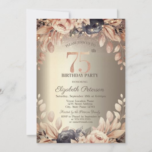 Invitation Élégant Floral, String Lights 75e anniversaire (Devant)