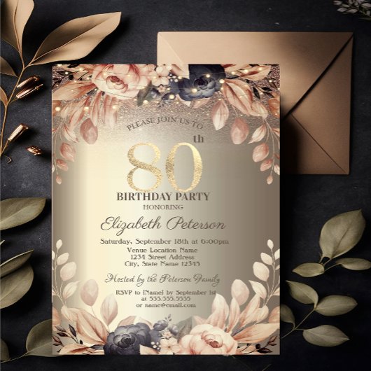 Invitation Élégant Floral, String Lights 80e anniversaire
