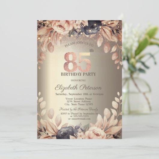 Invitation Élégant Floral, String Lights 85e anniversaire (Debout devant)