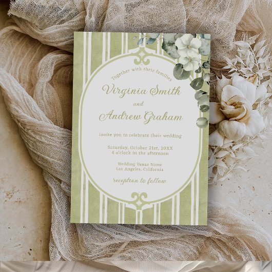 Invitation Elegant Floral Striped Green Wedding