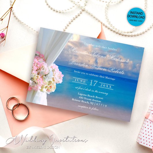 Invitation Elégant Floral Summer Sunset Ocean Beach Mariage