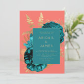 Invitation Elegant Floral Teal Blue Coral Gold Wedding (Debout devant)