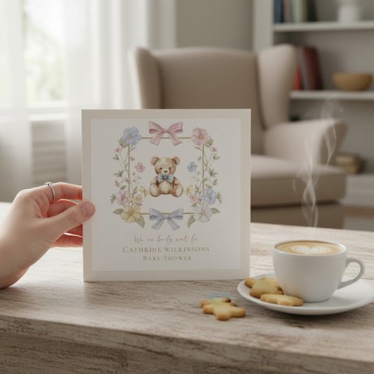 Invitation Elegant Floral Teddy  pastel  baby shower QR code