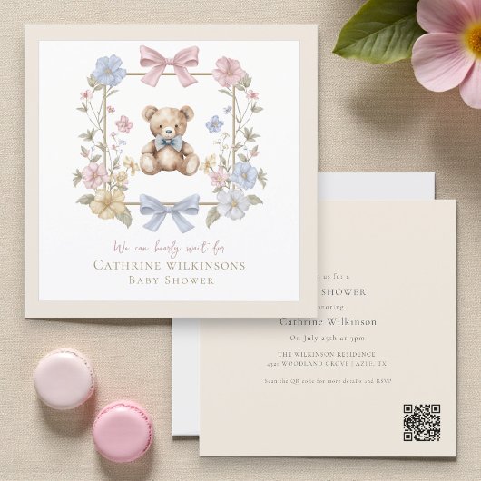 Invitation Elegant Floral Teddy pastel baby shower QR code