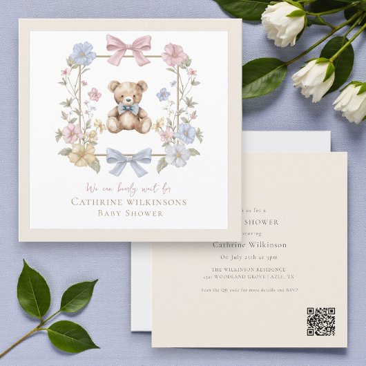 Invitation Elegant Floral Teddy pastel baby shower QR code