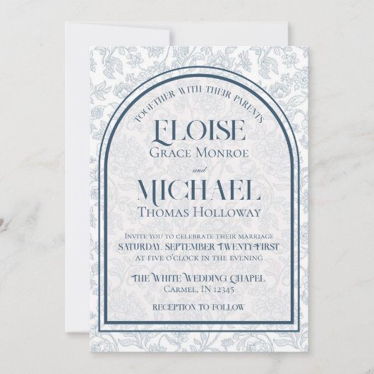 Invitation Elegant Floral Toile Script Monogram Blue Wedding (Devant)