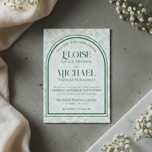 Invitation Elegant Floral Toile Script Monogram Green Wedding