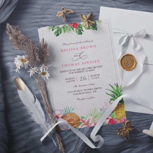 Invitation Elegant Floral Tropical Hawaiian QR Code Wedding