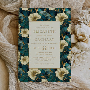 Invitation Élégant Floral Turquoise Cream Mariage or