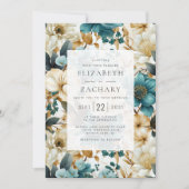 Invitation Élégant Floral Turquoise Mariage d'or ivoire (Devant)