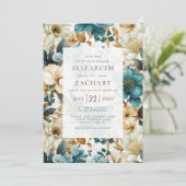 Invitation Élégant Floral Turquoise Mariage d'or ivoire (Debout devant)