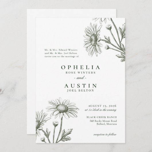 Invitation Elégant floral vert marguerite croquis Mariage Inv (Devant / Derrière)
