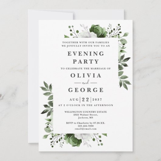 Invitation Élégant floral vert olive mariage soirée (Devant)