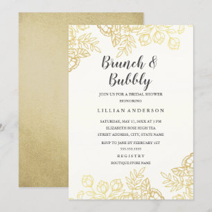 Invitation Élégant floral vintage doré pour brunch et bulles