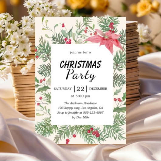 Invitation Elegant Floral Watercolor Christmas Party 