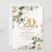 Invitation Elegant Floral White Roses & Gold 90th Birthday (Devant)
