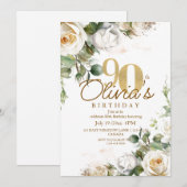 Invitation Elegant Floral White Roses & Gold 90th Birthday (Devant / Derrière)